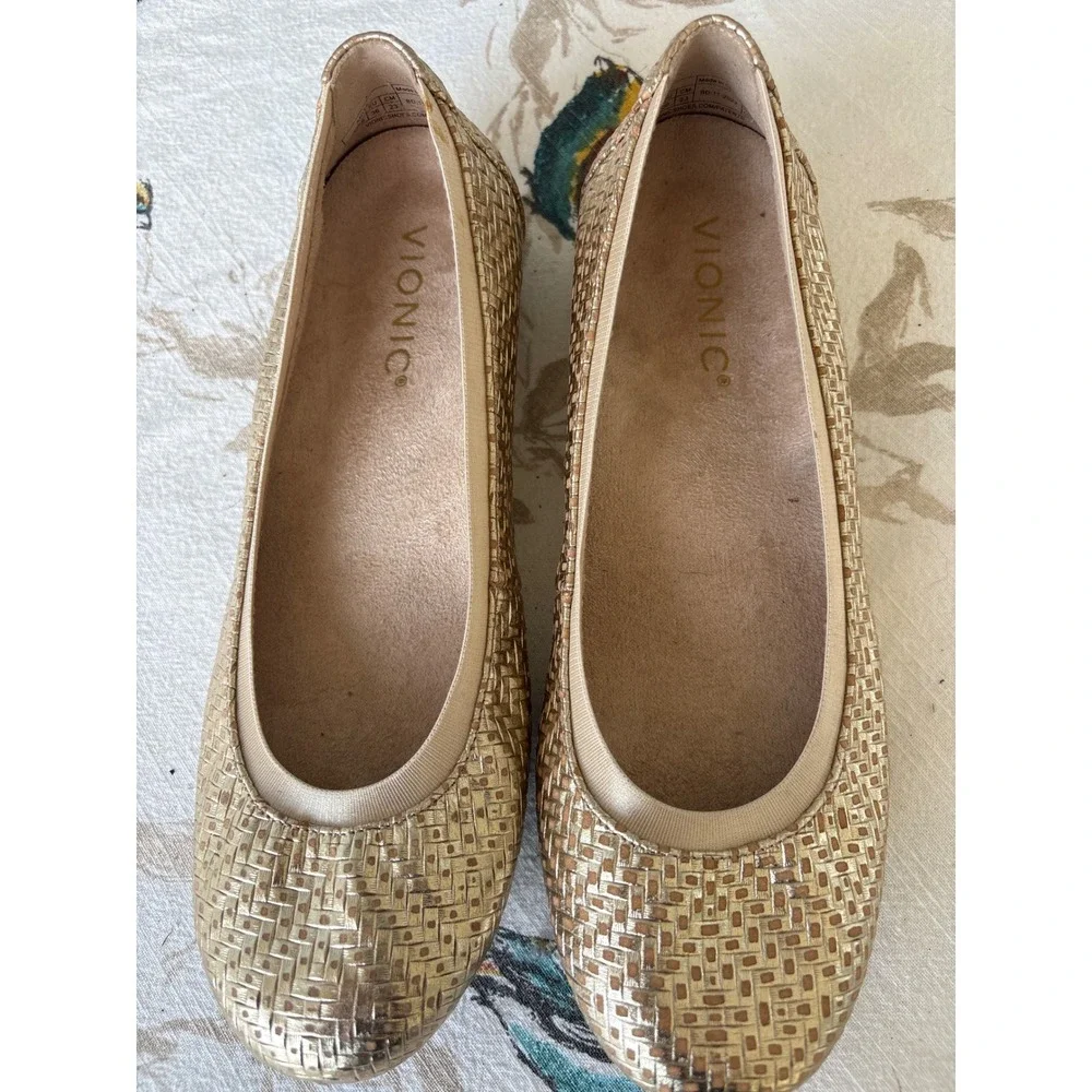 Vionic Anita Gold Metallic Woven Ballet Flats Orthotic Comfort Shoes Womens 6